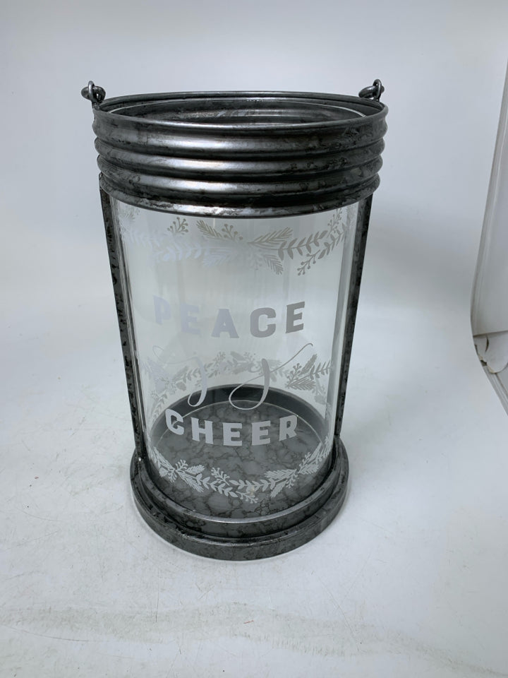 LARGE GALVANIZED PEACE JOY CHEER GLASS INSERT CANDLE HOLDER.