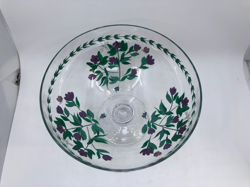 FOOTED SERVING BOWL W/ PAINTED PURPLE FLOWERS+DRAGONFLY.