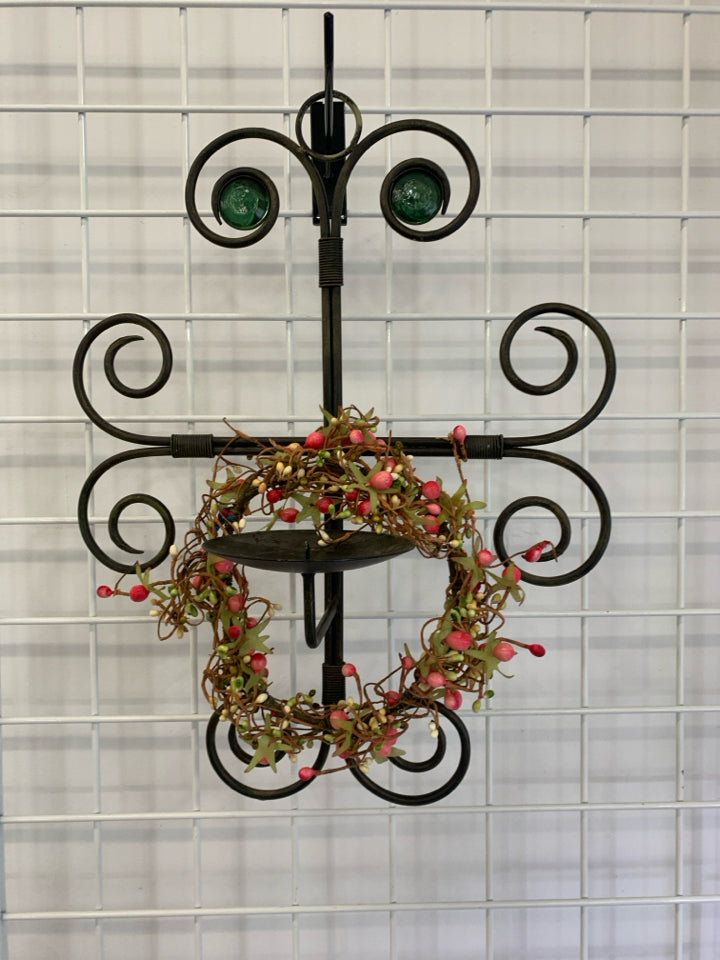 IRON DISTRESSED CANDLE HOLDER W/GREEN GEMS&PINK BUDDING WREATH WALL HANGING.