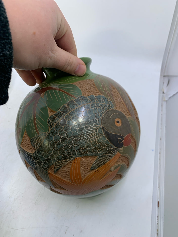 GREEN/BLUE LEAVES W/ CARVED FISH CIRCLE VASE.