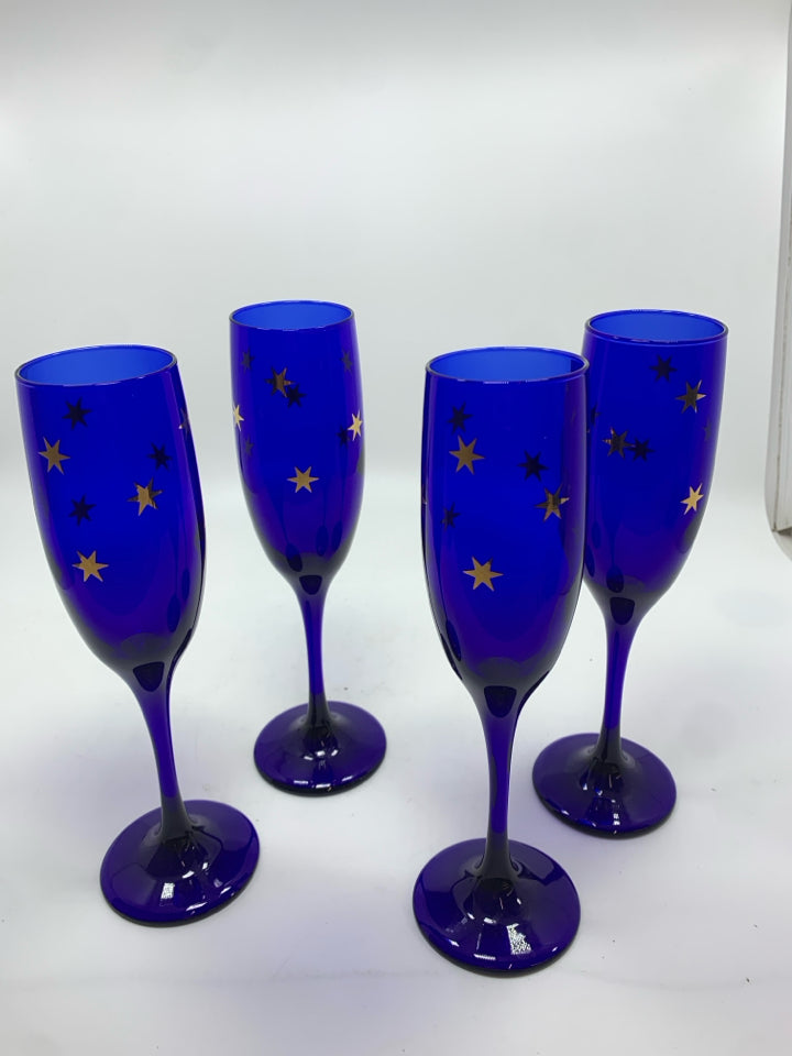 4 STAR-DETAILED COBALT BLUE CHAMPAGNE FLUTES.