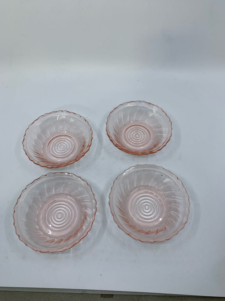 4 PINK GLASS DESSERT BOWLS W/ UNEVEN EDGES.