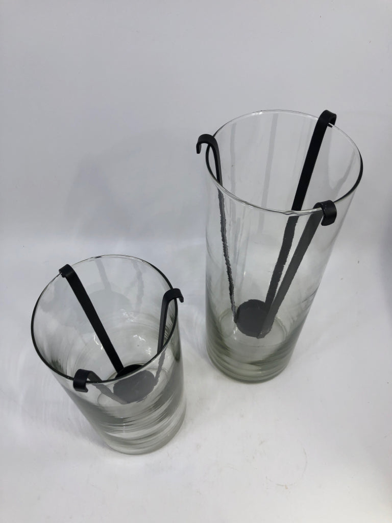 2 GLASS HURRICANE W METAL CANDLE HOLDER.