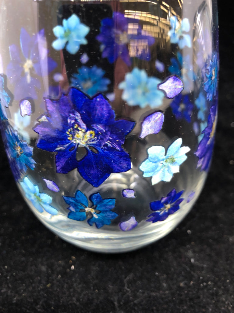 2 STEMLESS PURPLE/BLUE FLOWERS GLASSES.