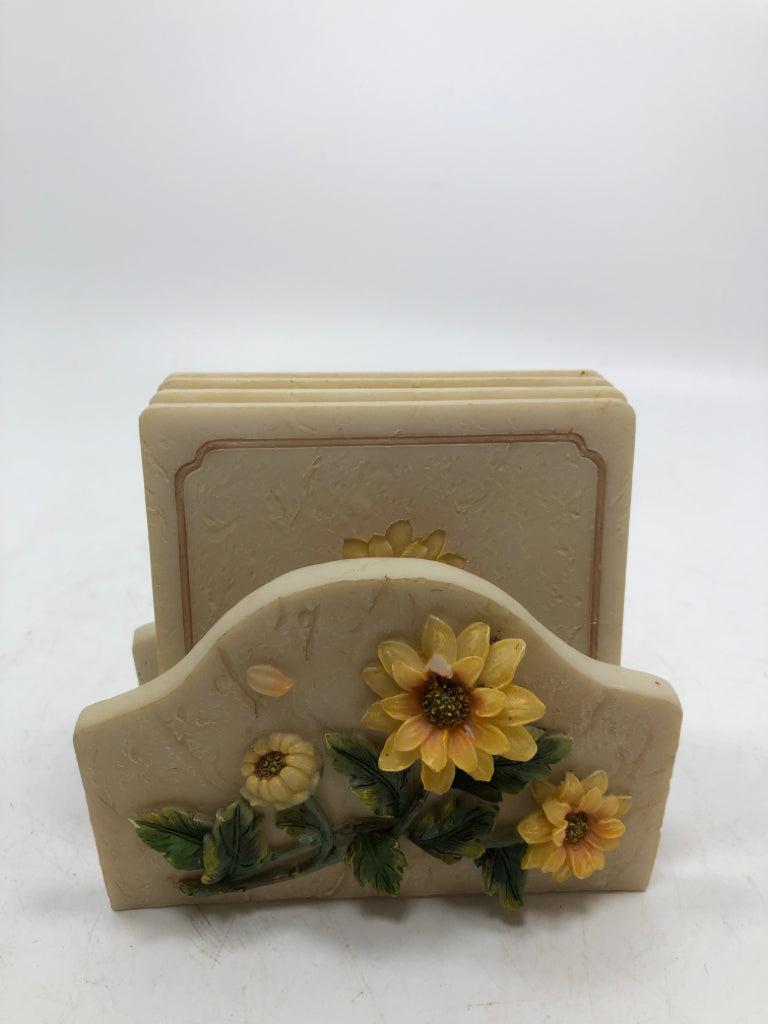 4PC SUNFLOWER COASTER W/HOLDER.