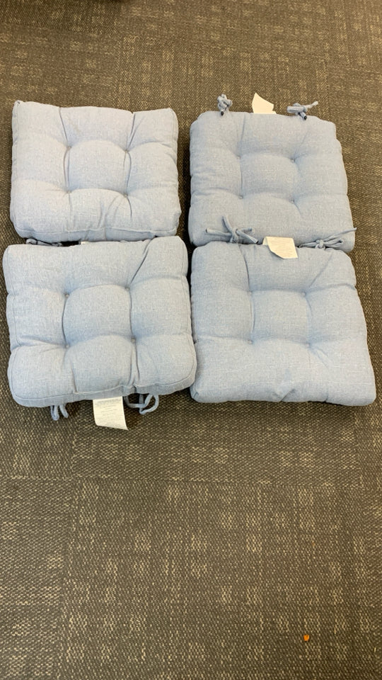 4 LIGHT BLUE CHAIR CUSHIONS.