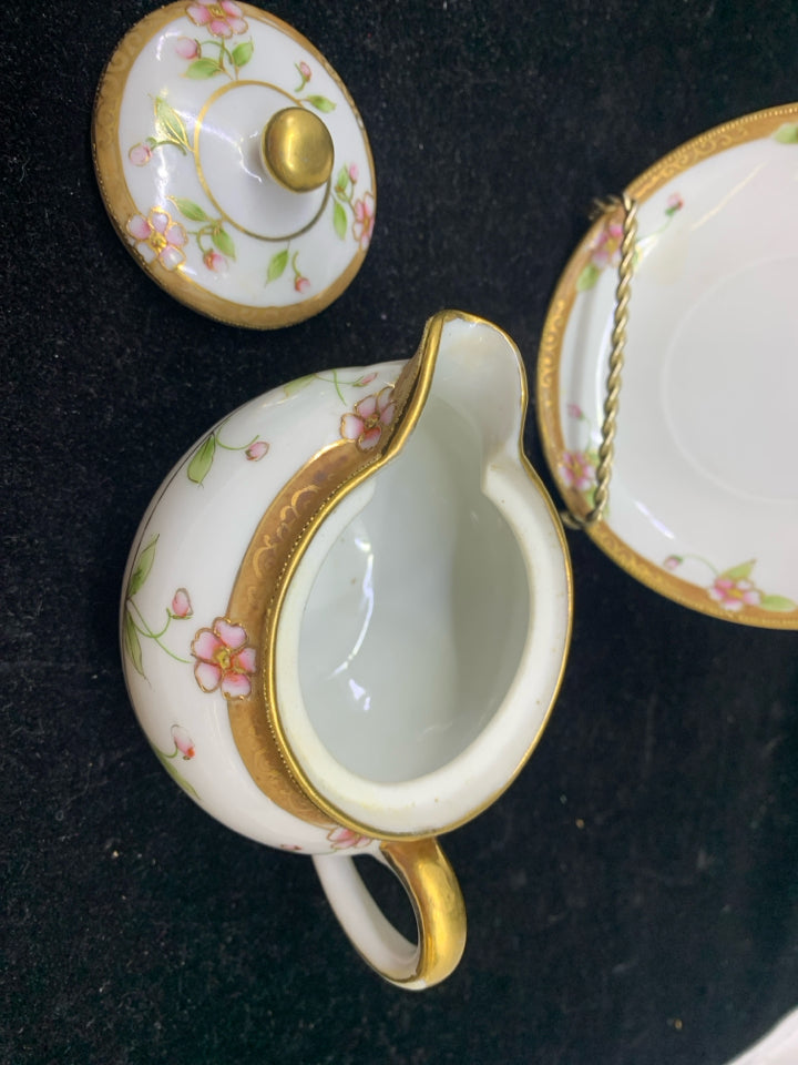 VTG 2PC PINK FLORAL AND GOLD ACCENT CREAMER AND PLATE.