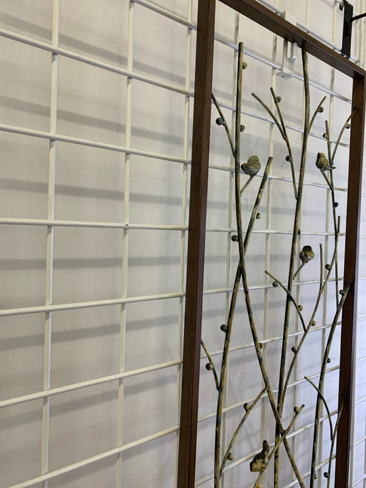 BIRDS ON BRANCHES METAL WALL HANGING W/DISTRESSED YELLOW PAINT.