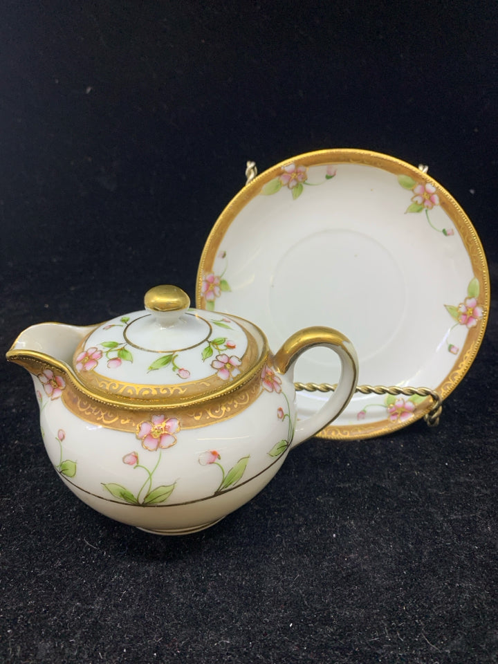 VTG 2PC PINK FLORAL AND GOLD ACCENT CREAMER AND PLATE.