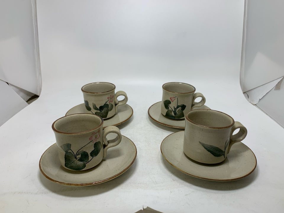 8 PC SVC 4 POTTERY TEACUPS & SAUCERS PINK ORCHID.