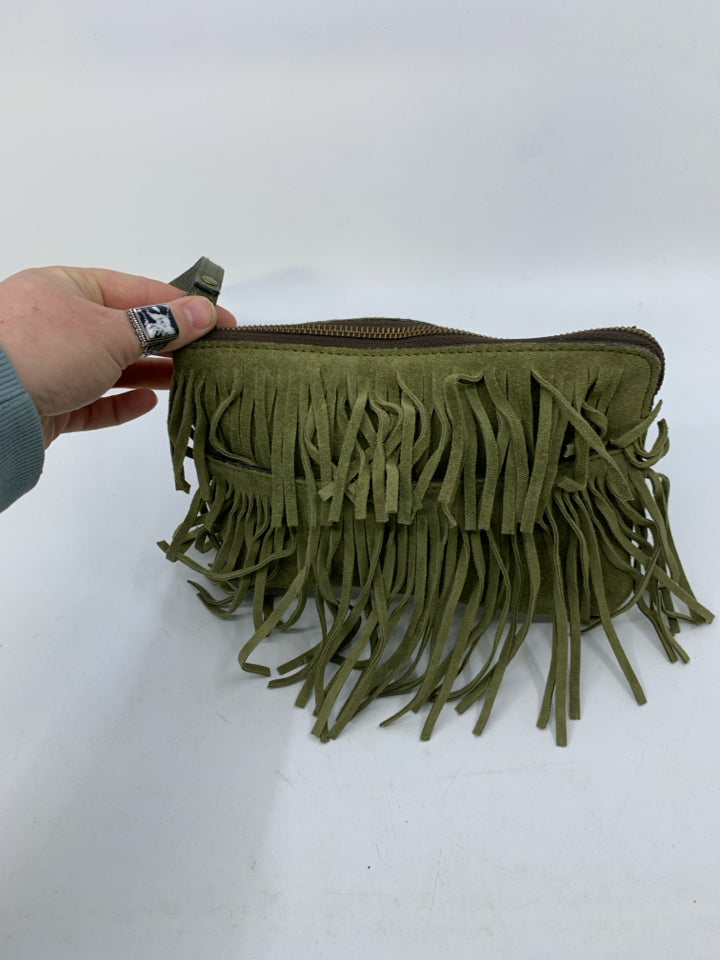Patricia Nash Suede Fringe Olive Green Wristlet