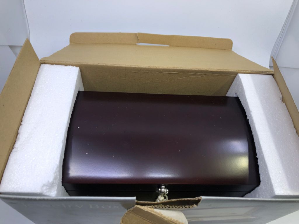 NIB DARK WOOD JEWELRY BOX W/TASSEL.