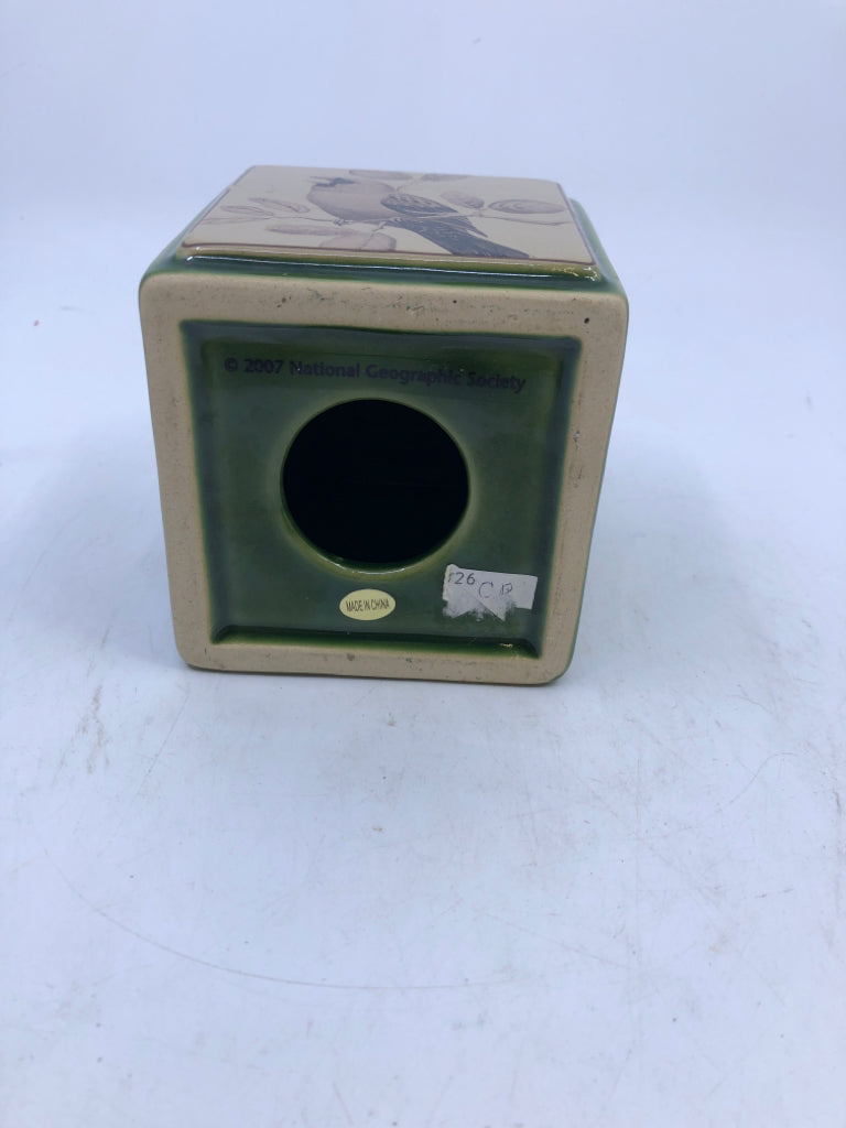 GREEN SQUARE CANDLE HOLDER W/ BIRD PRINT.
