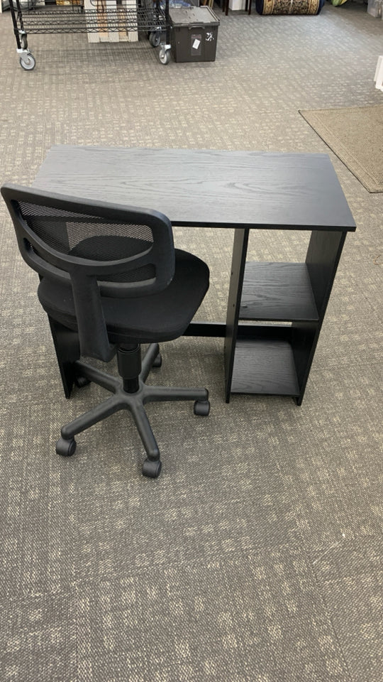 BLACK WOOD DESK + ROLLING DESK CHAIR.