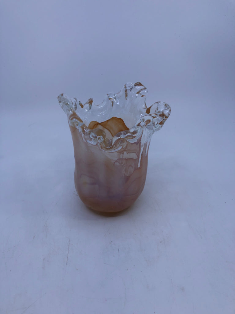 PEACH CLEAR GLASS VASE/ CANDLE HOLDER.