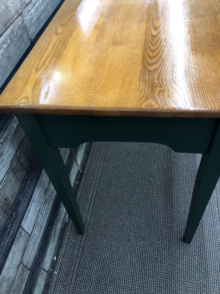 GREEN TABLE W 1 DRAWER AND WOOD TOP.