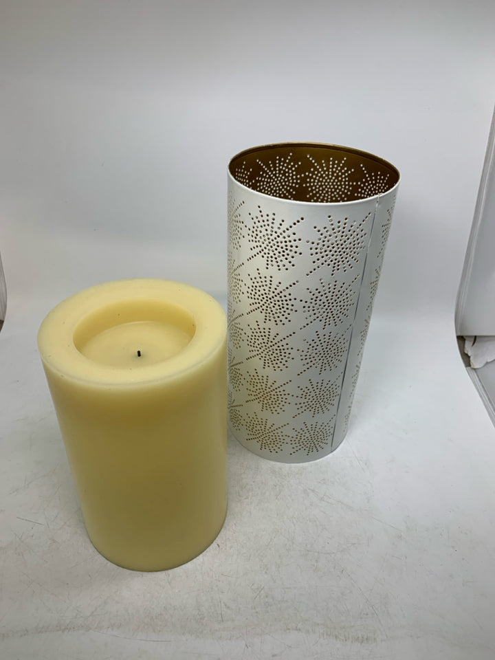 PIERCED METAL CYLINDER CANDLE HOLDER W/ FAUX PILLAR CANDLE.