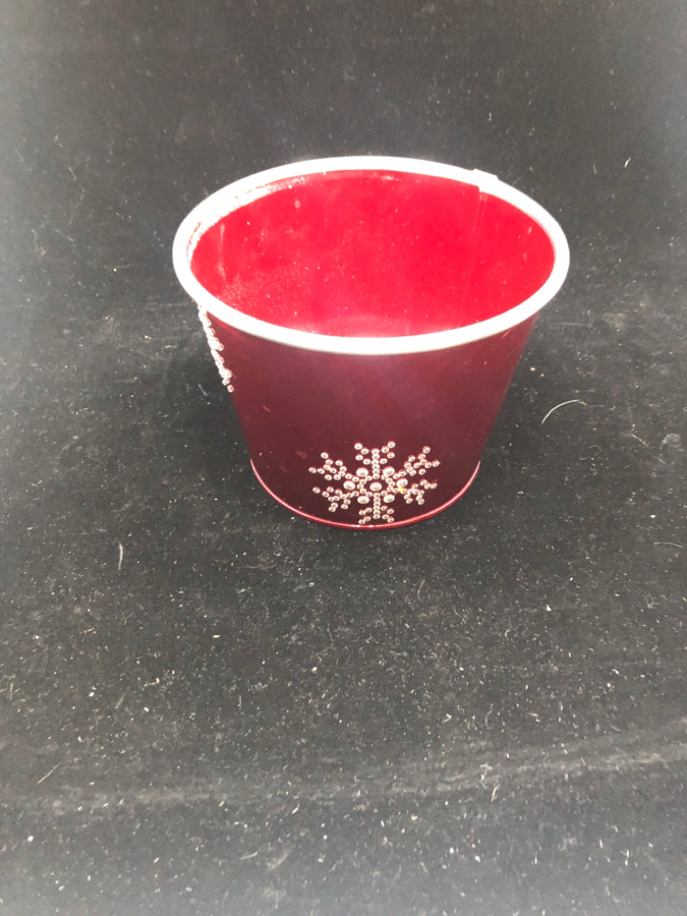 RED TIN BUCKET W/CRYSTAL SNOWFLAKES.