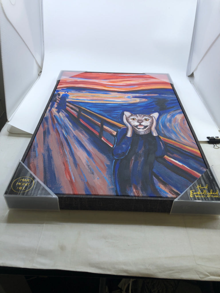 NIP ABSTRACT CAT/MAN COVERING EARS SCREAMING ON BRIDGE FRAMED CANVAS.