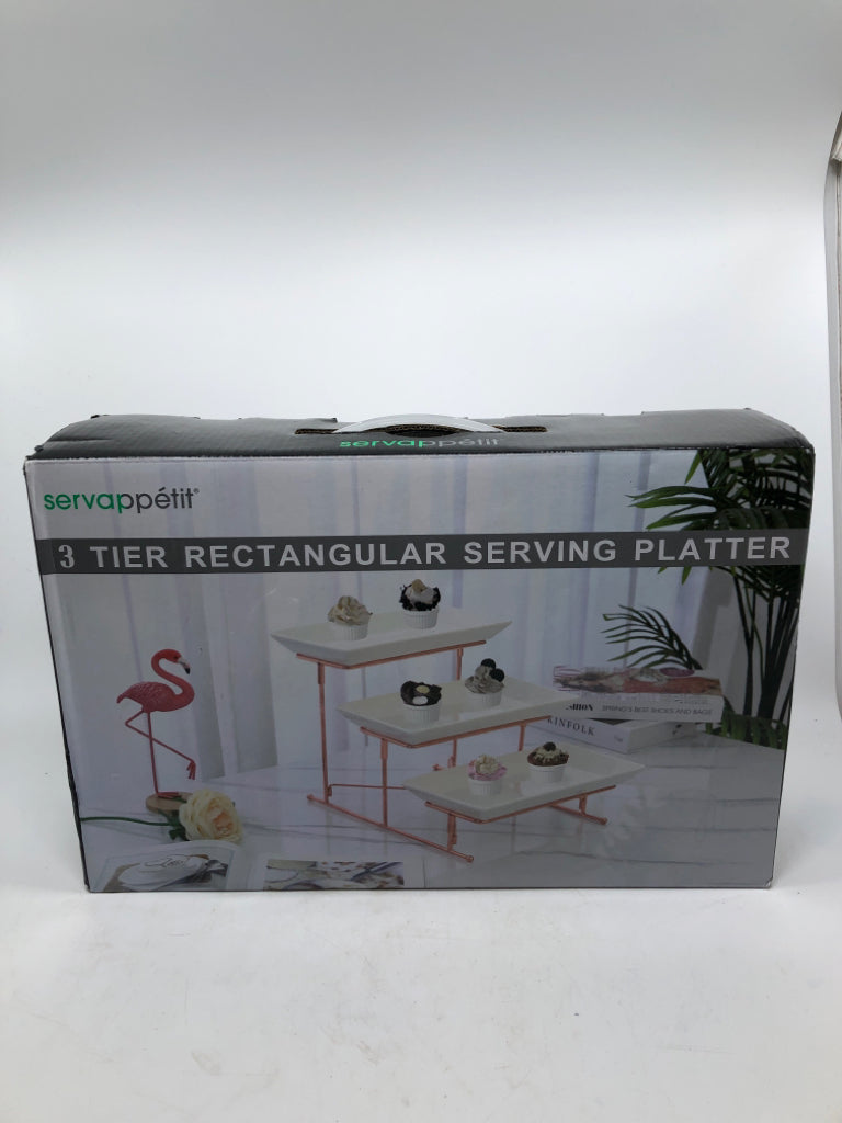 NIB 3 TIER ROSE GOLD RECTANGULAR SERVING PLATTER.