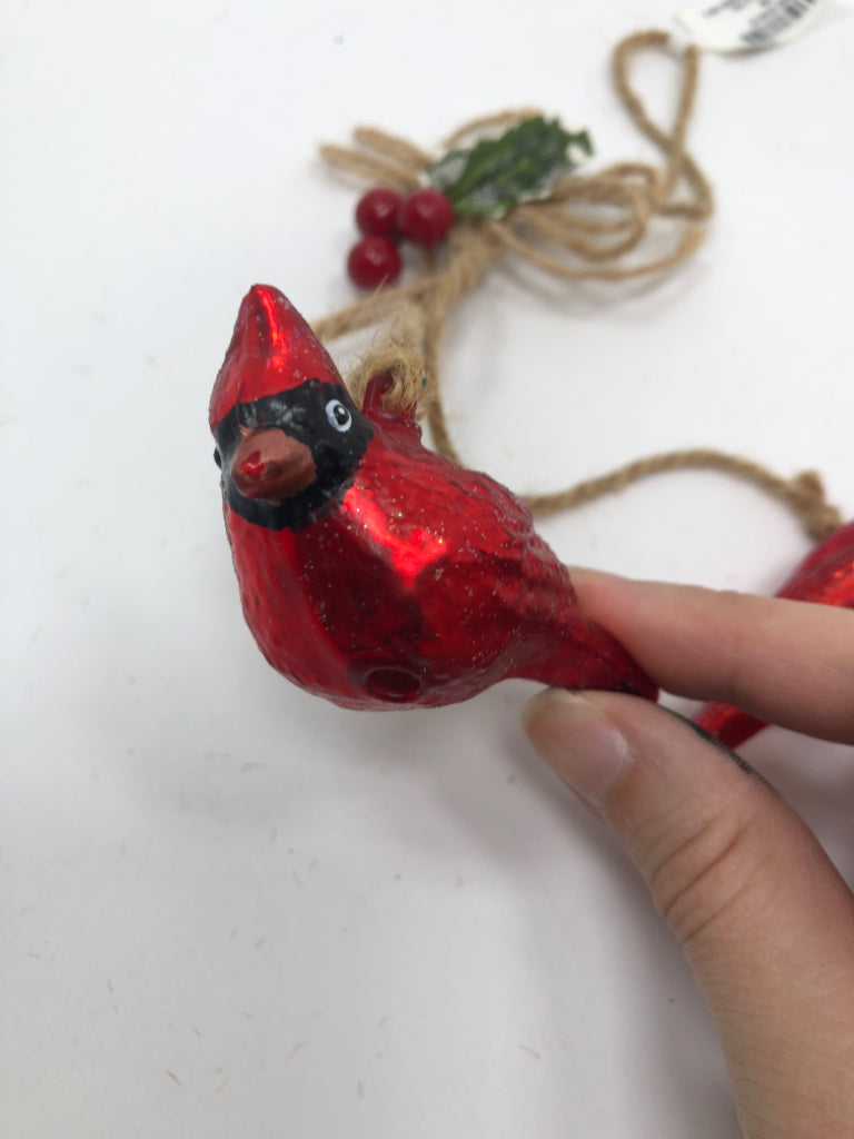2 GLITTER CARDINAL ON TWINE ORNAMENTS.