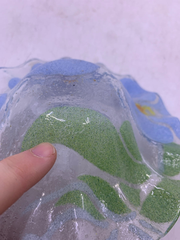 FUSED GLASS CATCH ALL W/ LIGHT BLUE FLOWERS RUFFLED EDGE.