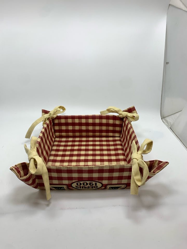 RED PLAID FABRIC PARIS NAPKIN BASKET.