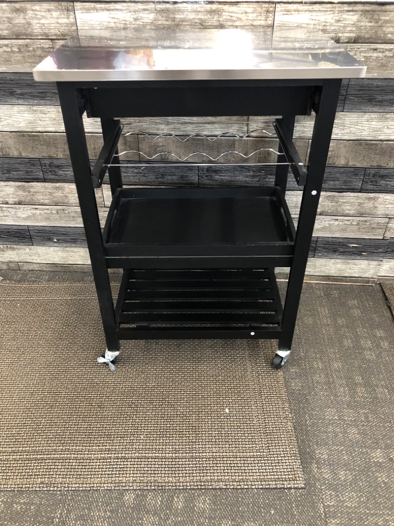 BLACK W STAINLESS STEEL METAL CART ON WHEELS.