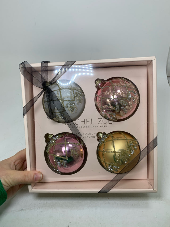 NIB 4 RACHEL ZOE GLASS ORNAMENTS.