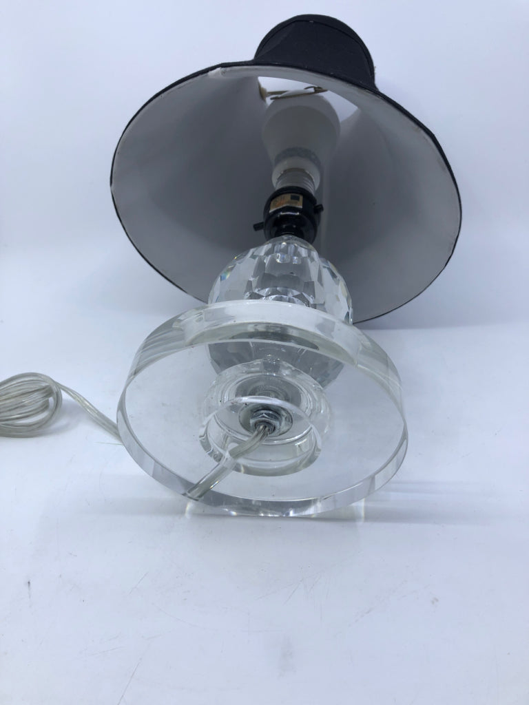 SMALL CLEAR GLASS BASE LAMP W/BLACK SHADE.