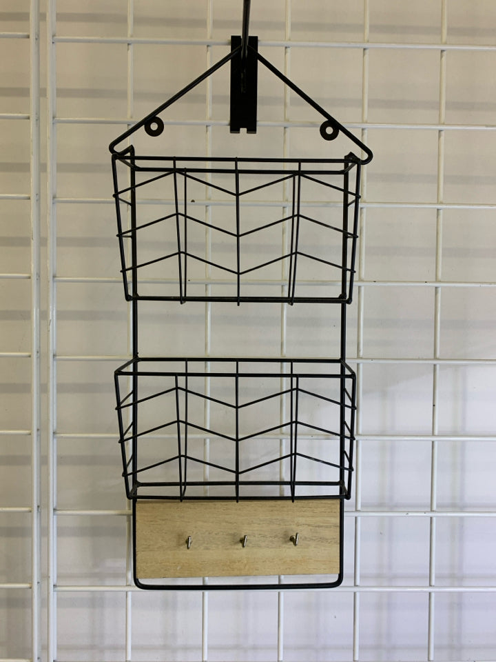 BLACK WIRE HANGING MAIL HOLDER WITH 3 HOOKS.