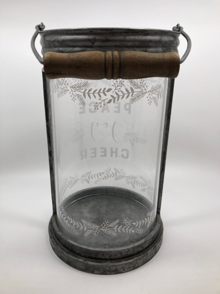 PEACE JOY CHEER GALVANIZED CANDLE LANTERN.