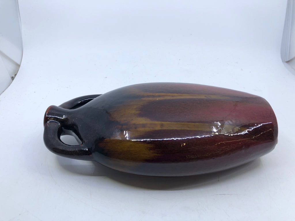 BROWN GLAZED POTTERY VASE WITH HANDLES.