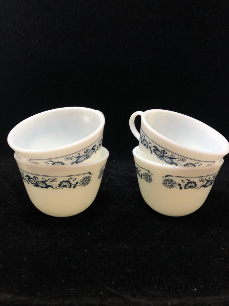 4 VTG PYREX "OLD TOWN BLUE" MUGS.