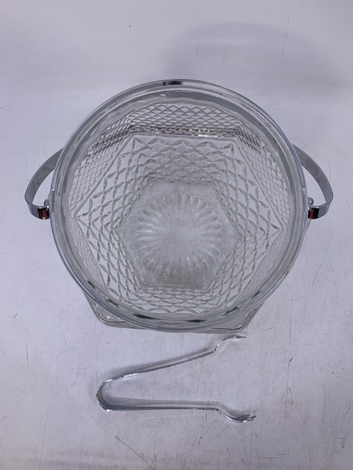CUT GLASS ICE BUCKET W/ LID METAL HANDLE+TONGS.