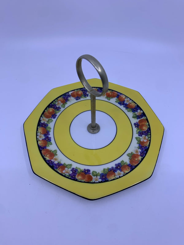VTG OCTAGON TRAY W/ HANDLE YELLOW FRUIT+FLOWERS.