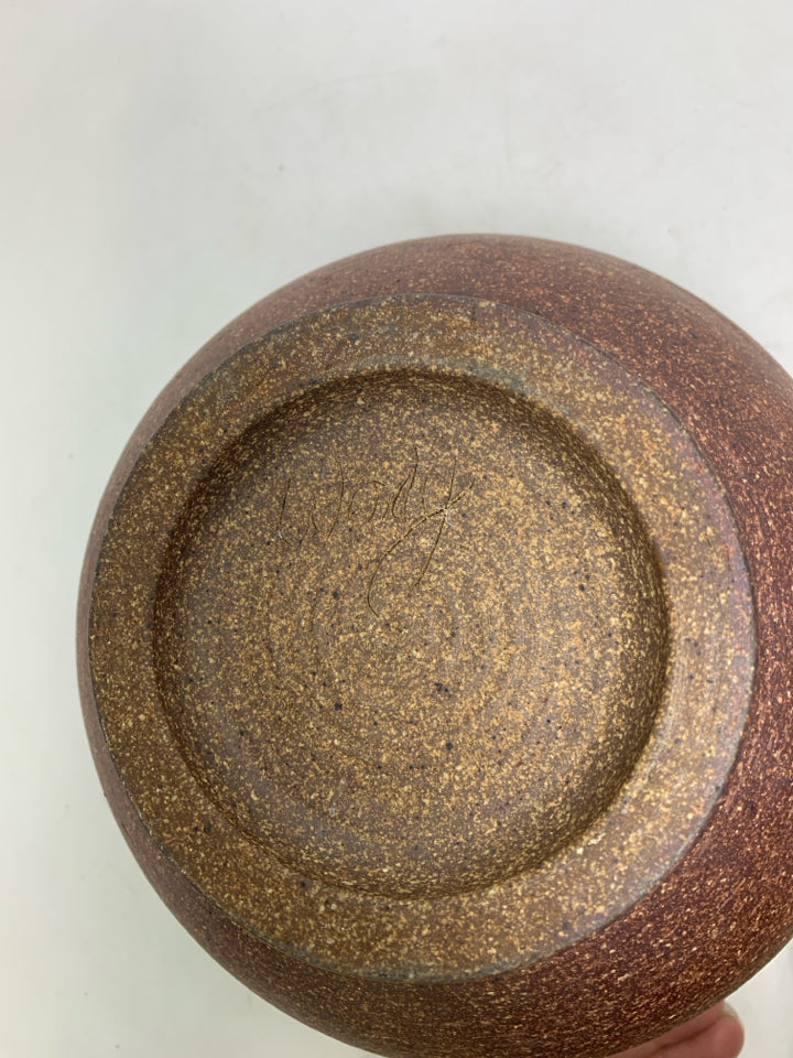 POTTERY PLANTER W/ BROWN BOTTOM BLUE CARVED TOP.