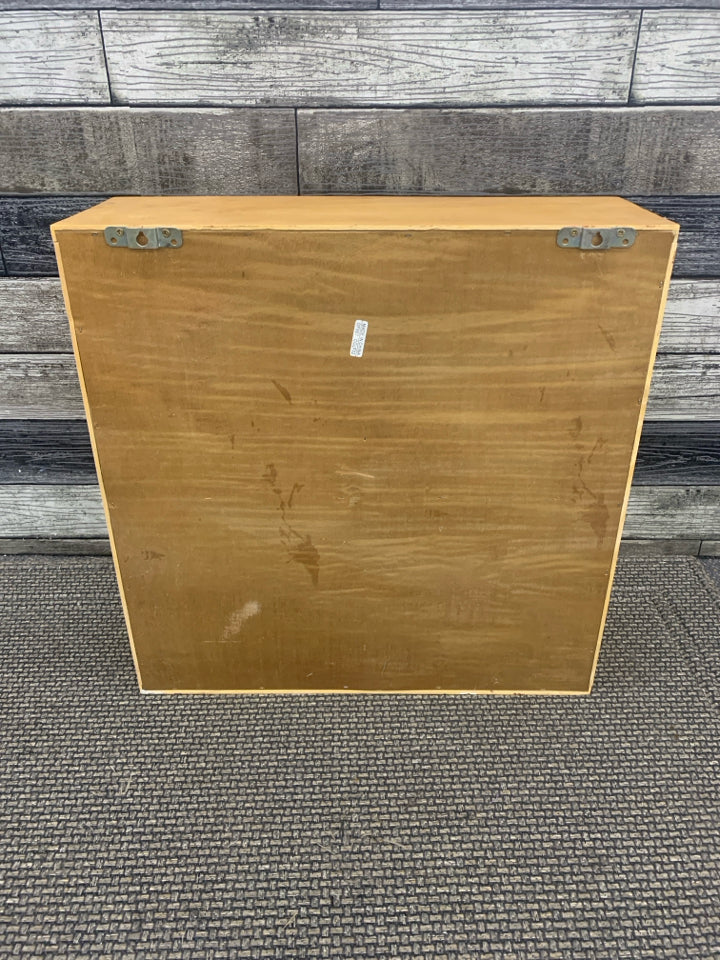 WOOD CUBBY SHELF W/TWO PHOTO FRAME DOORS.