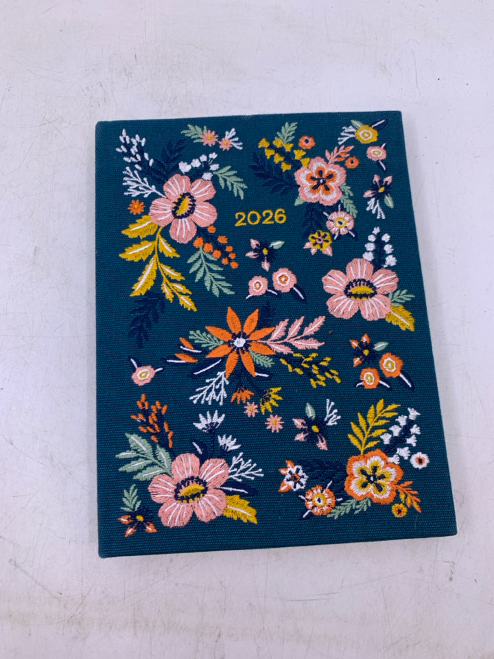 BLUE FABRIC 2026 PLANNER W/ EMBROIDERED FLOWERS.
