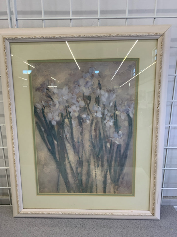 WHITE IRIS FLOWERS PAINTING IN WHITE WOOD FRAME.