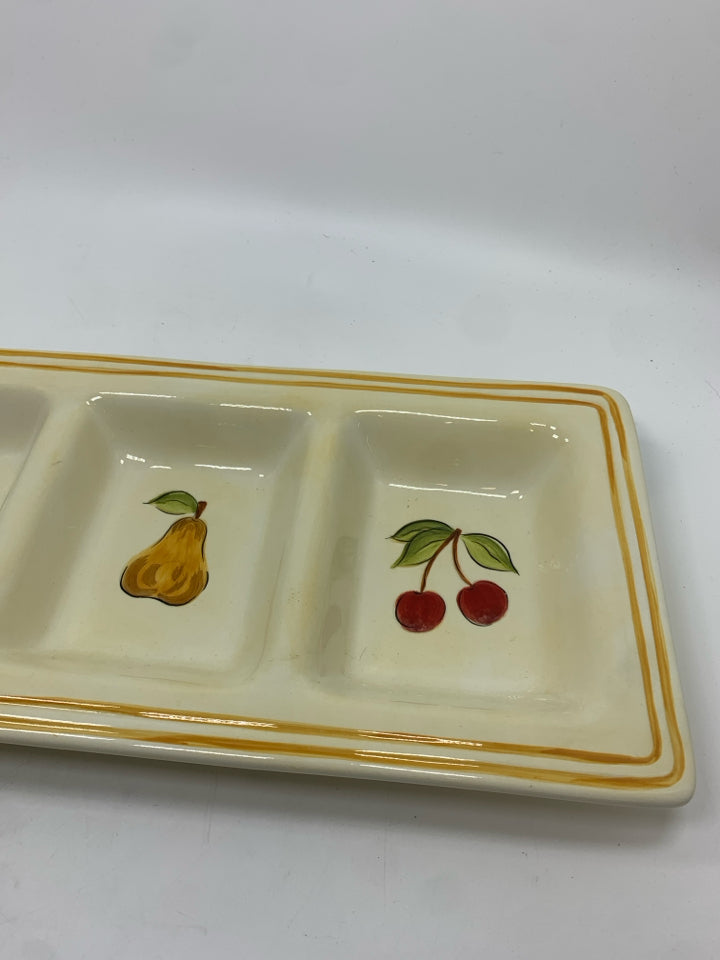 4 SPOT CERAMIC RELISH DISH W/FRUIT PATTERN.