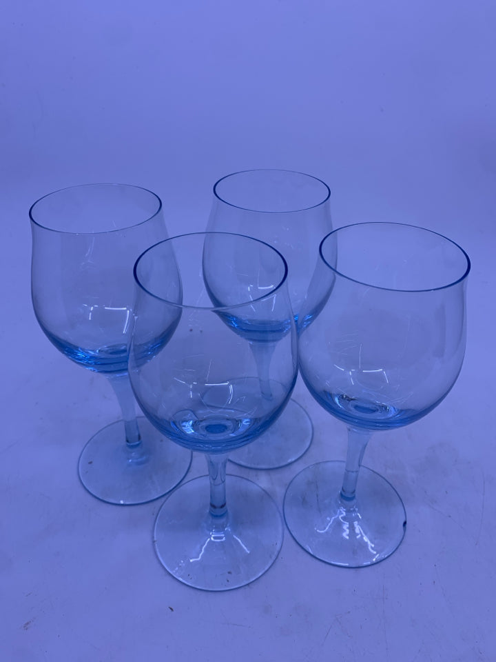 4 BLUE STEMMED GLASSES.