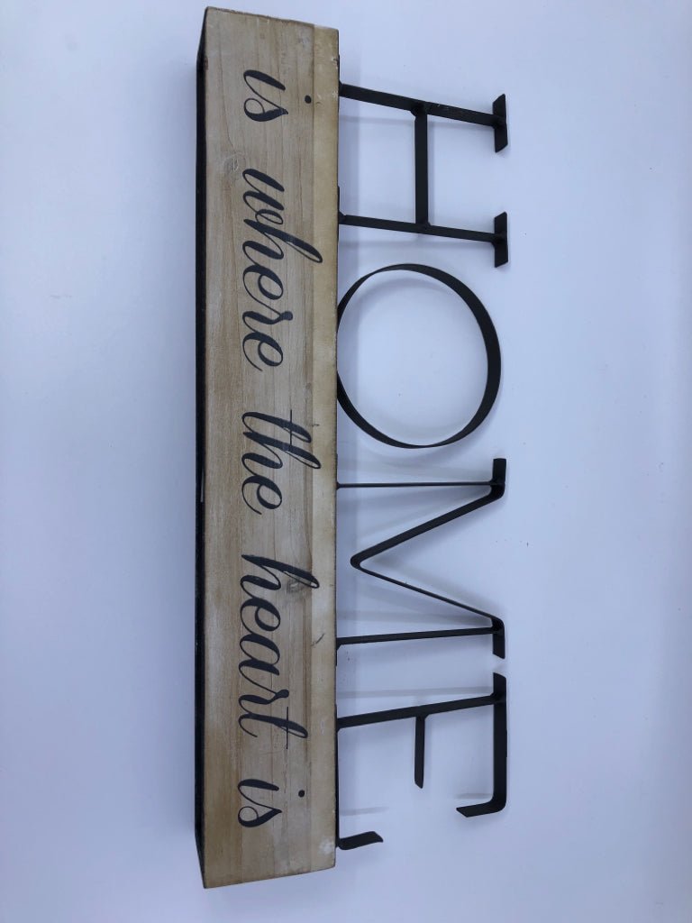 METAL HOME ON DISTRESSED BLOCK SIGN.