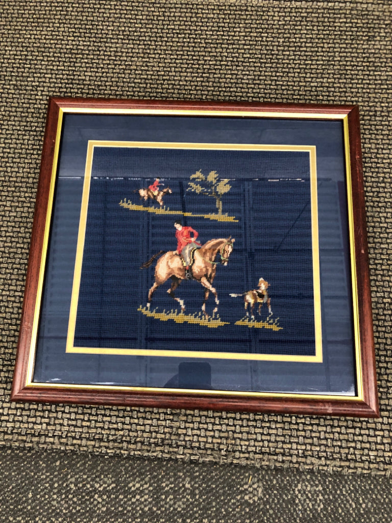 FRAMED NEEDLEPOINT JOCKEY PICTURE IN WOOD FRAME.