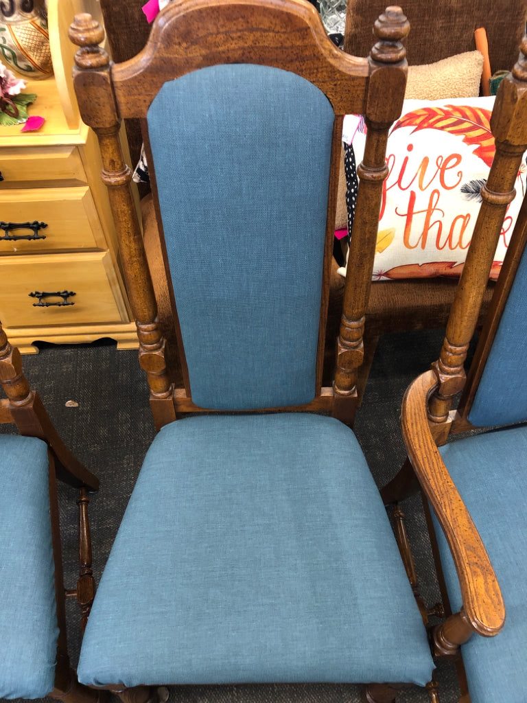 4 DARK WOOD-BLUE UPHOLSTERED DEPRESSION ERA DINING CHAIRS 2 WITH ARM, 2 WITHOUT.