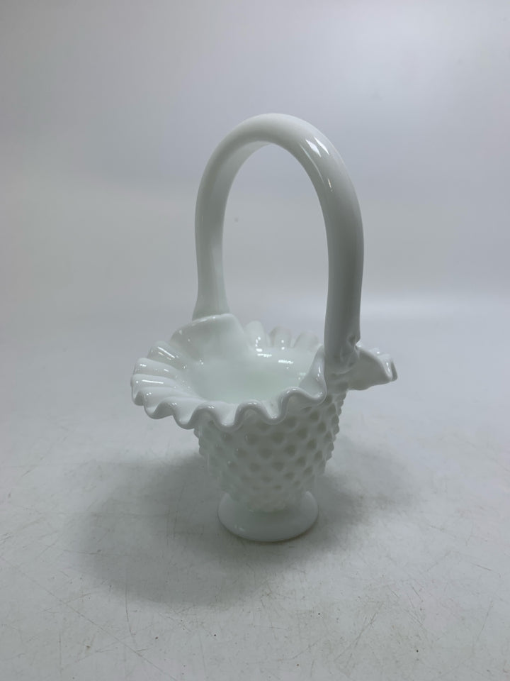 SMALL MILK GLASS HOBNAIL BASKET W/ RUFFLED EDGE.