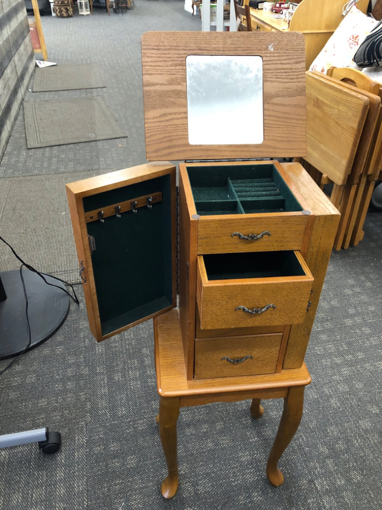 BLONDE WOOD 4 DRAWER JEWELRY ARMOIRE.