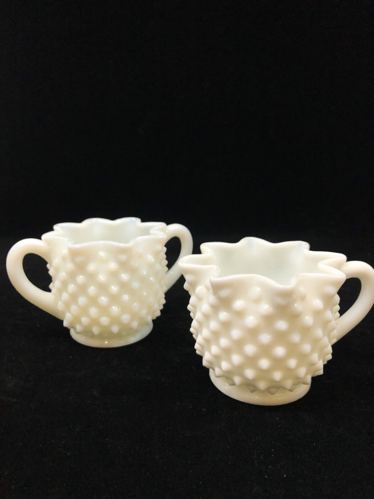 VTG HOBNAIL MILK GLASS SUGAR AND CREAMER SET.