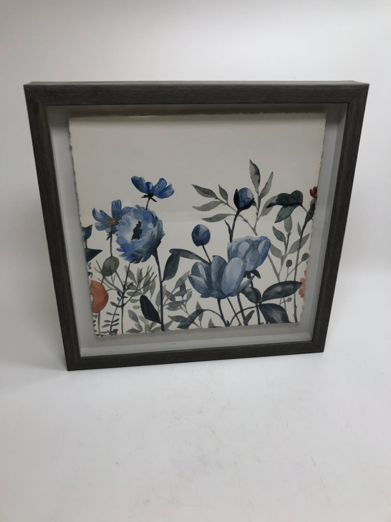 BLUE WATERCOLOR FLORALS IN GRAY FRAME.