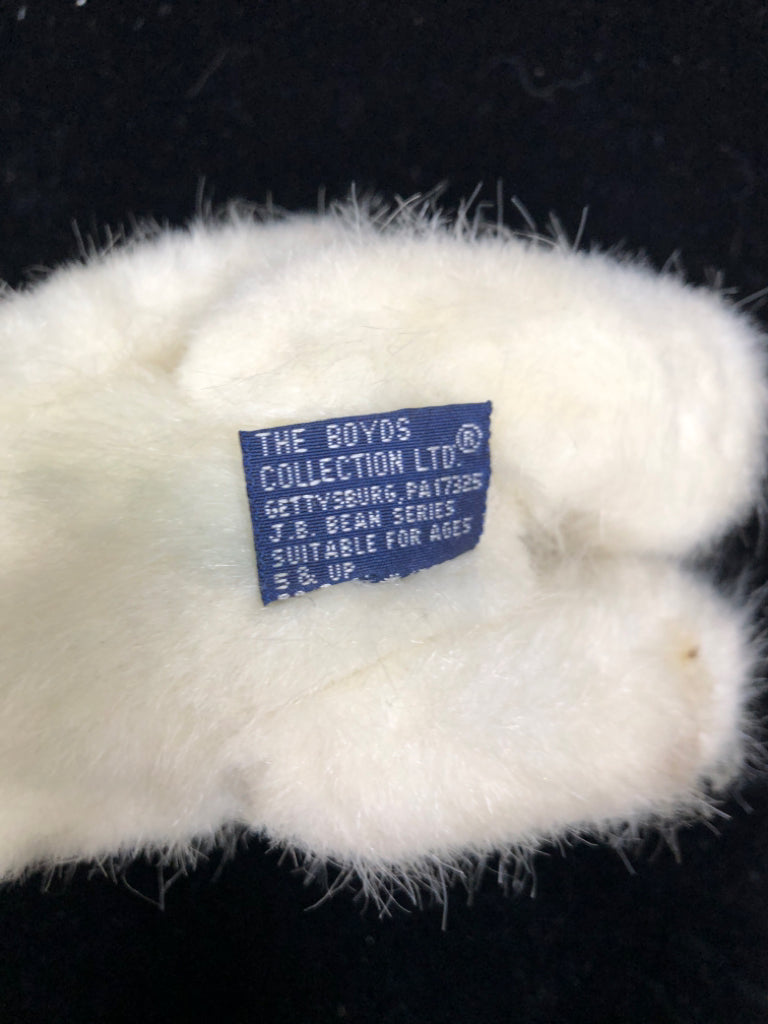 WHITE STUFFED BOYDS BEAR W/LEATHER COLLAR.